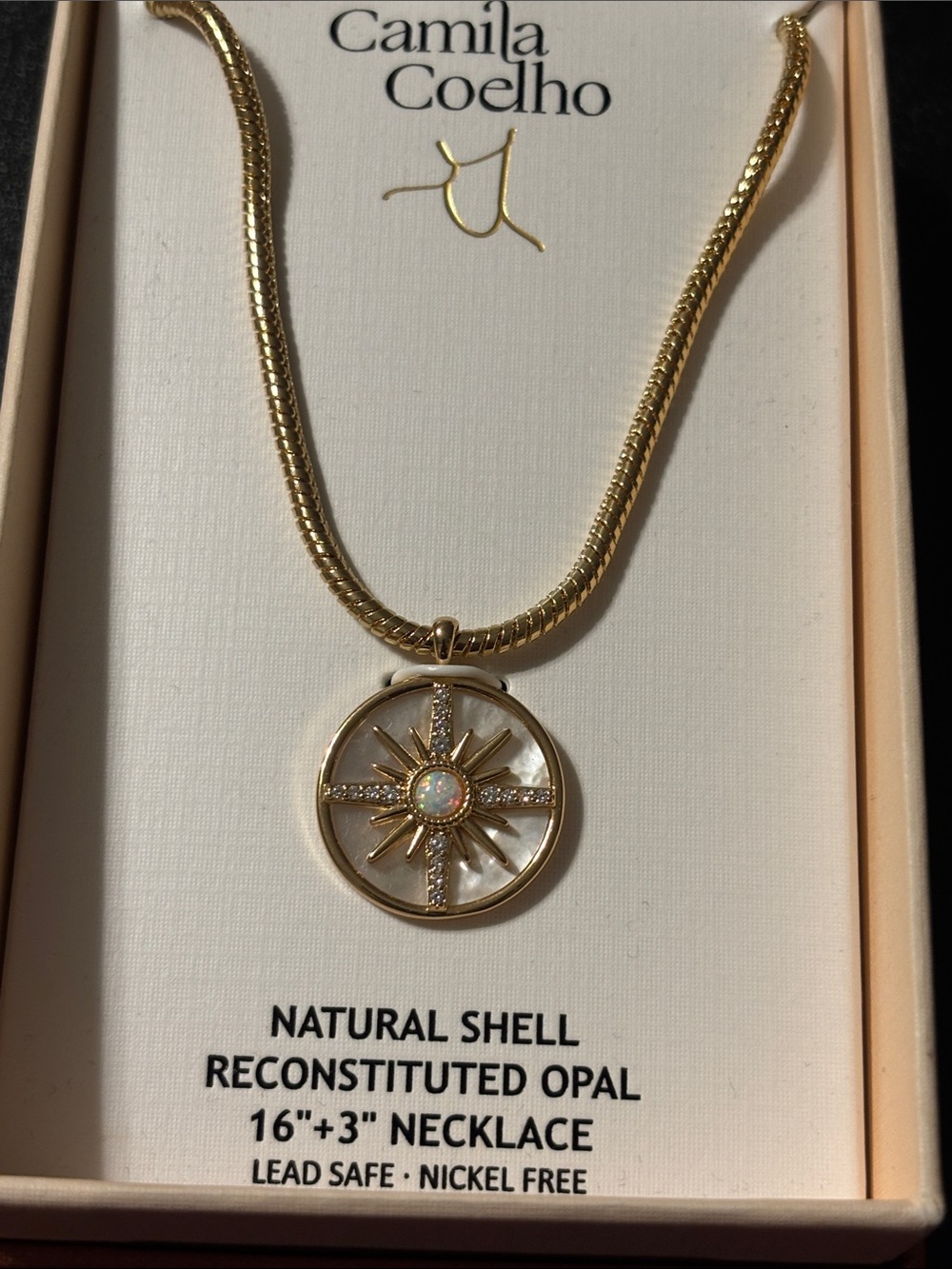 Camila Coelho Gold Shell Compass Pendant Necklace with Opal Center‎